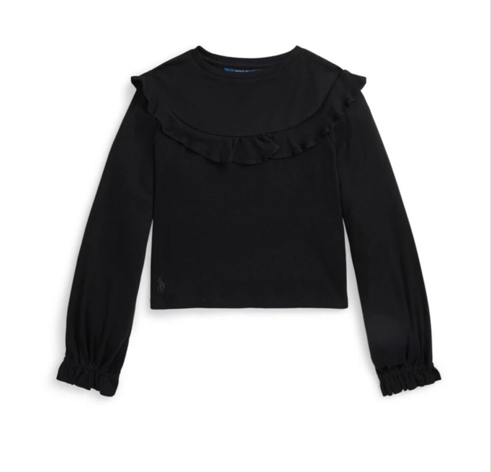 Polo Ralph Lauren Ruffled Ultra-soft Cotton-Modal Long Sleeve Shirt Top Black Yo
